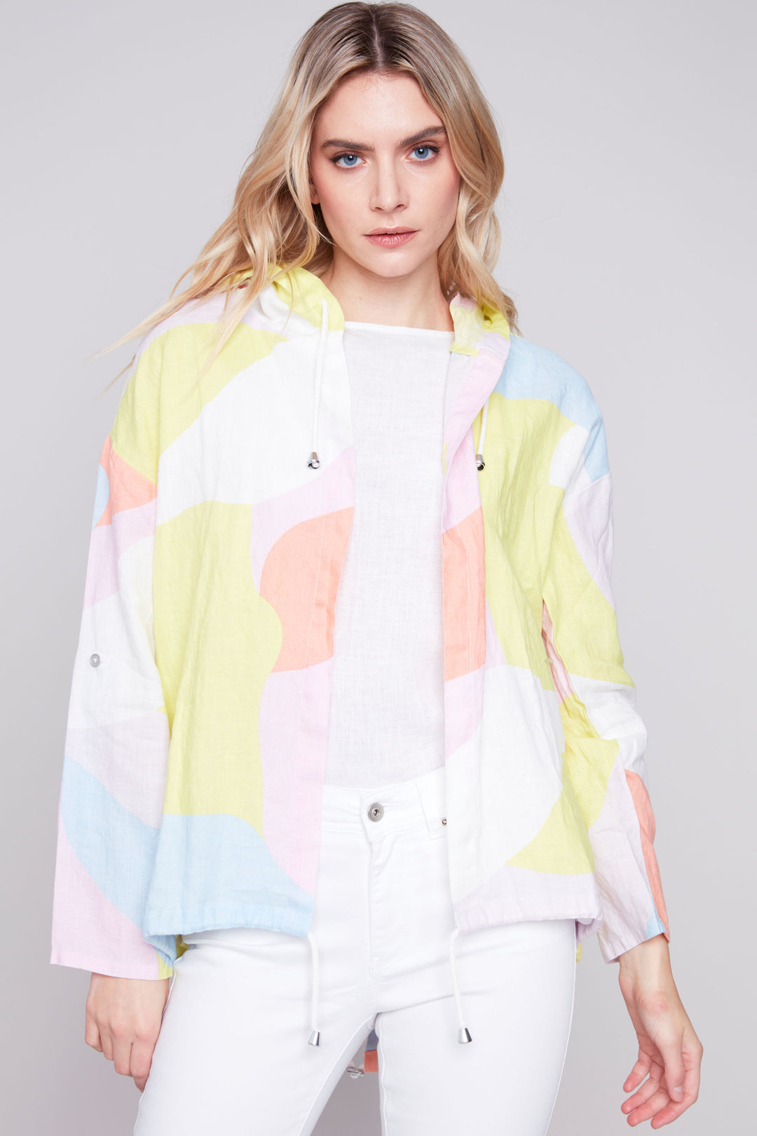 This gorgeous Print Hoodie Jacket is perfect for layering and with its charming Easter inspired print, hooded construction and drawstring detailing along the waist is made for spring days!