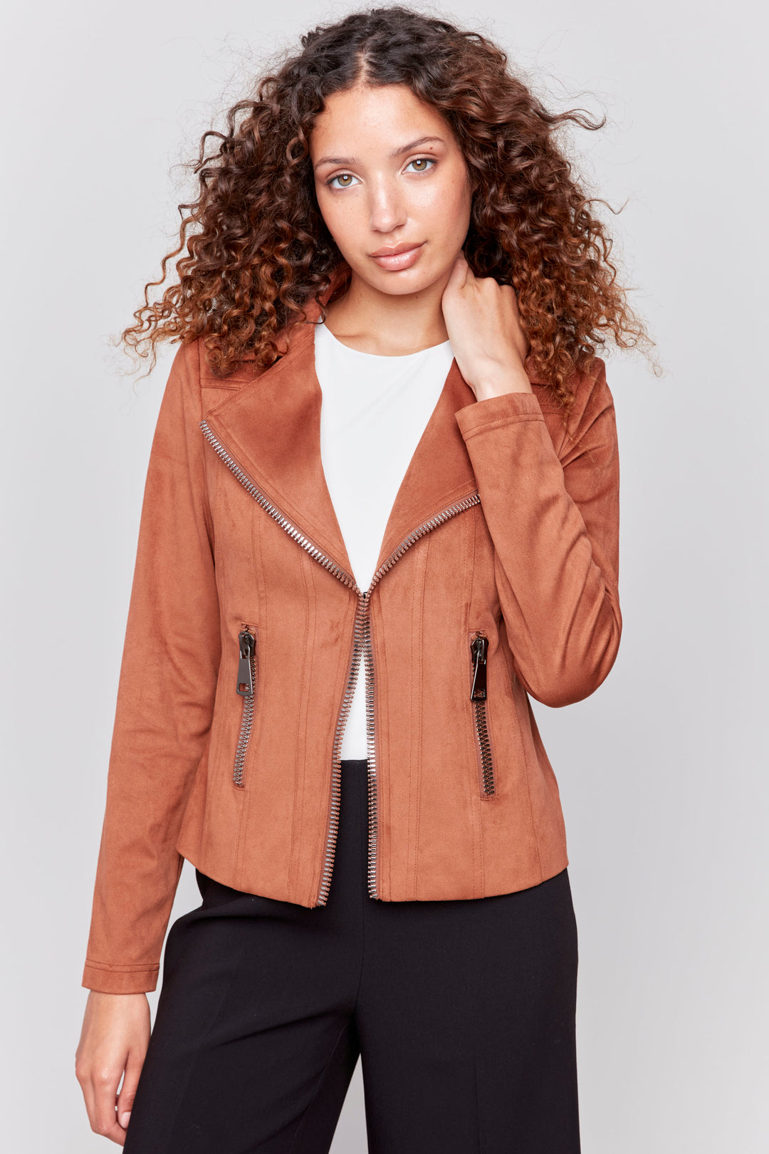 Charlie B Fall 2024 This vintage faux suede Perfecto jacket with zipper and zipper pockets is stylishly fitted and trimmed to provide a sharp look this season.