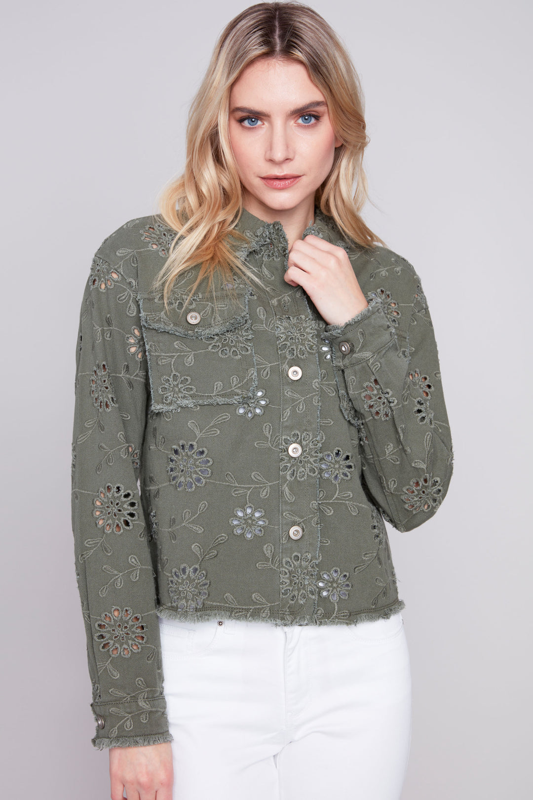 Featuring a stunning embroidered eyelet design, this all cotton jean jacket exudes sophistication and fun! 
