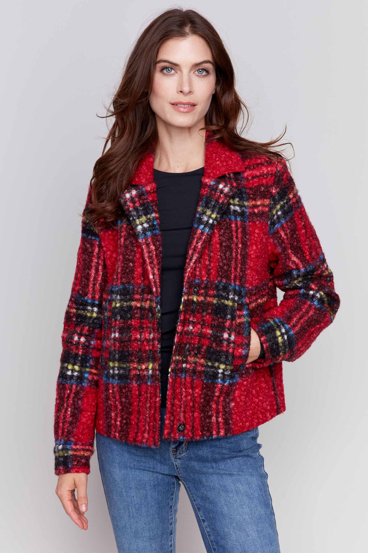 Charlie B Fall 2024 Crafted with plaid bouclé knit, tailored collar and front pockets, you can rely on this short coat to keep you warm and in style this fall and winter!