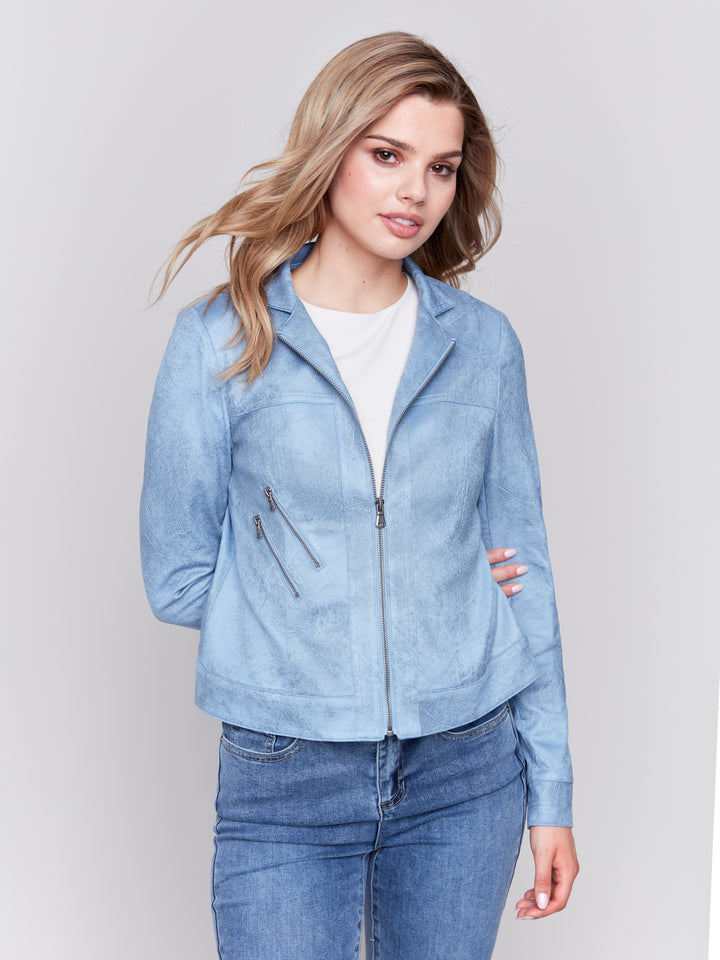 EMBOSSED FAUX SUEDE ZIP JACKET