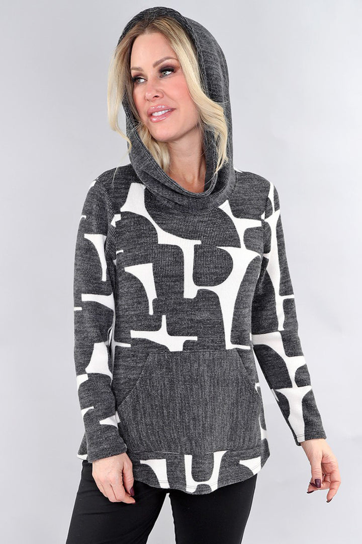 CHARCOAL GEO PRINT HOODIE TOP