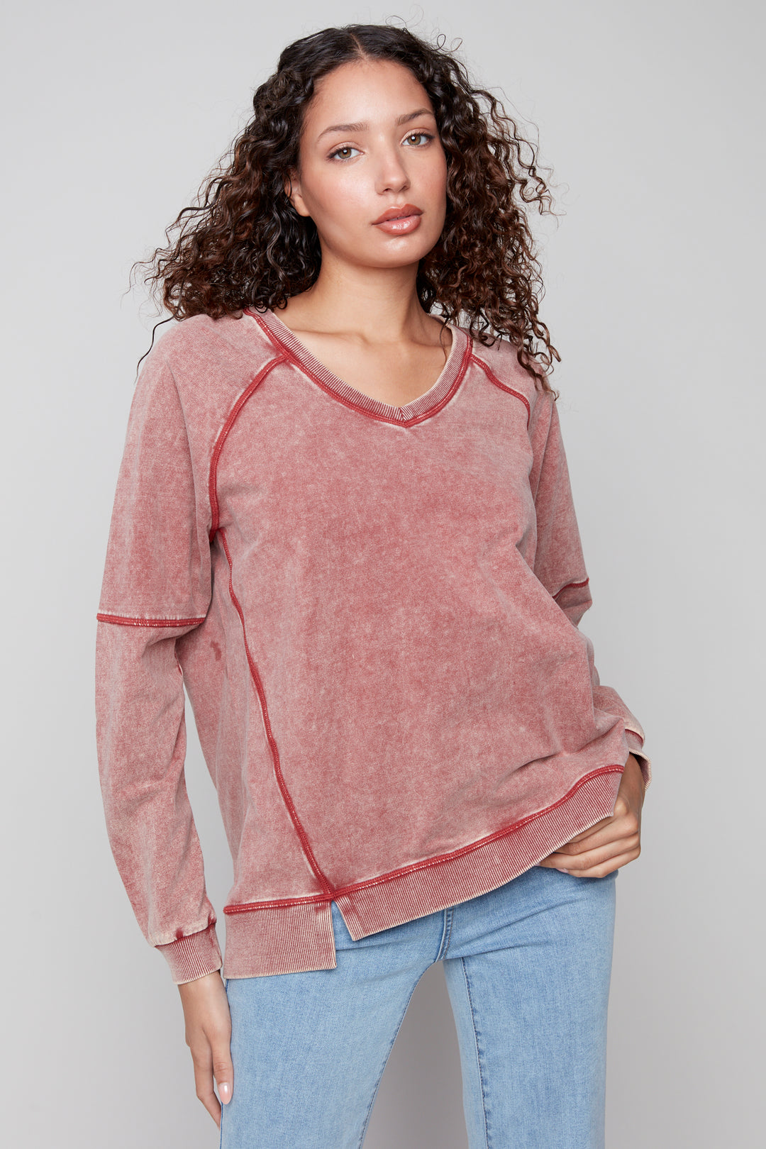 COLD DYE FRENCH TERRY V-NECK TOP