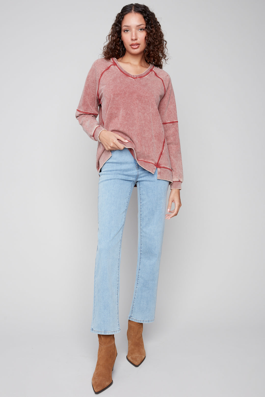 COLD DYE FRENCH TERRY V-NECK TOP