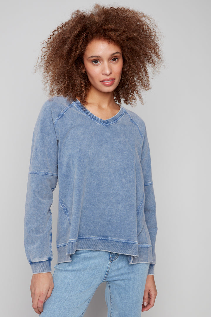 COLD DYE FRENCH TERRY V-NECK TOP