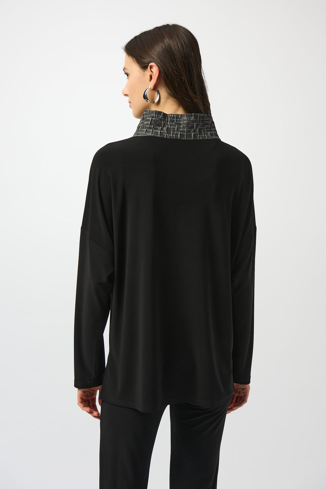 DRAWSTRING COWL NECK TOP WITH JACQUARD