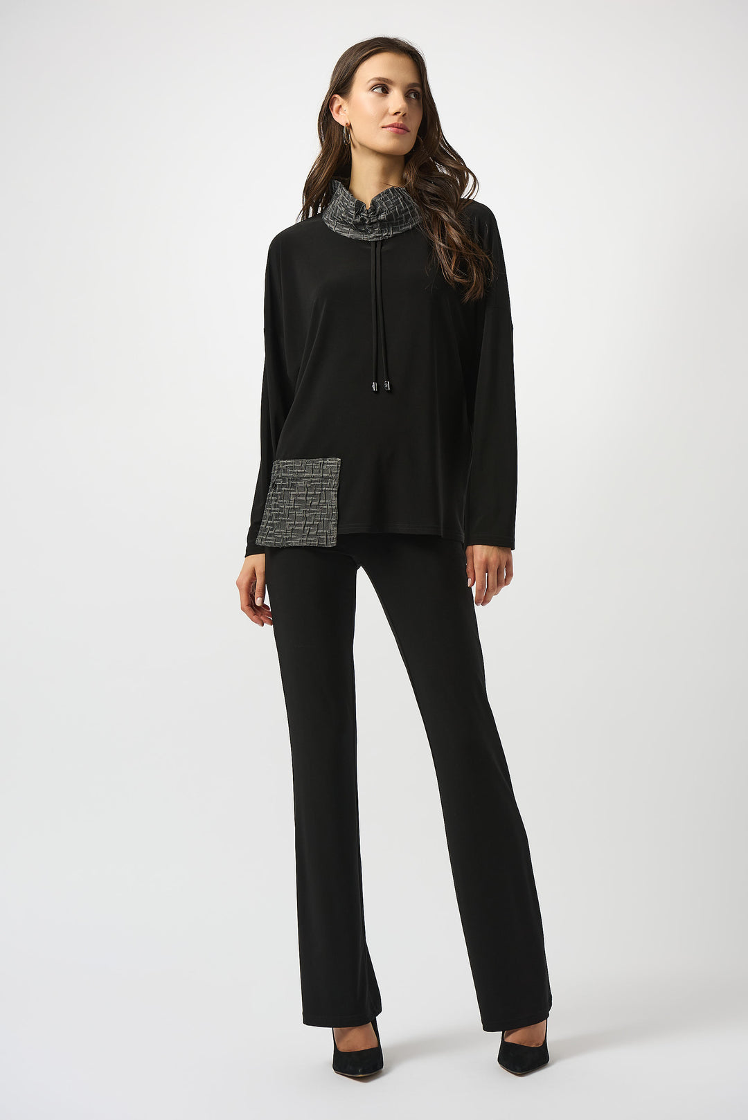 DRAWSTRING COWL NECK TOP WITH JACQUARD