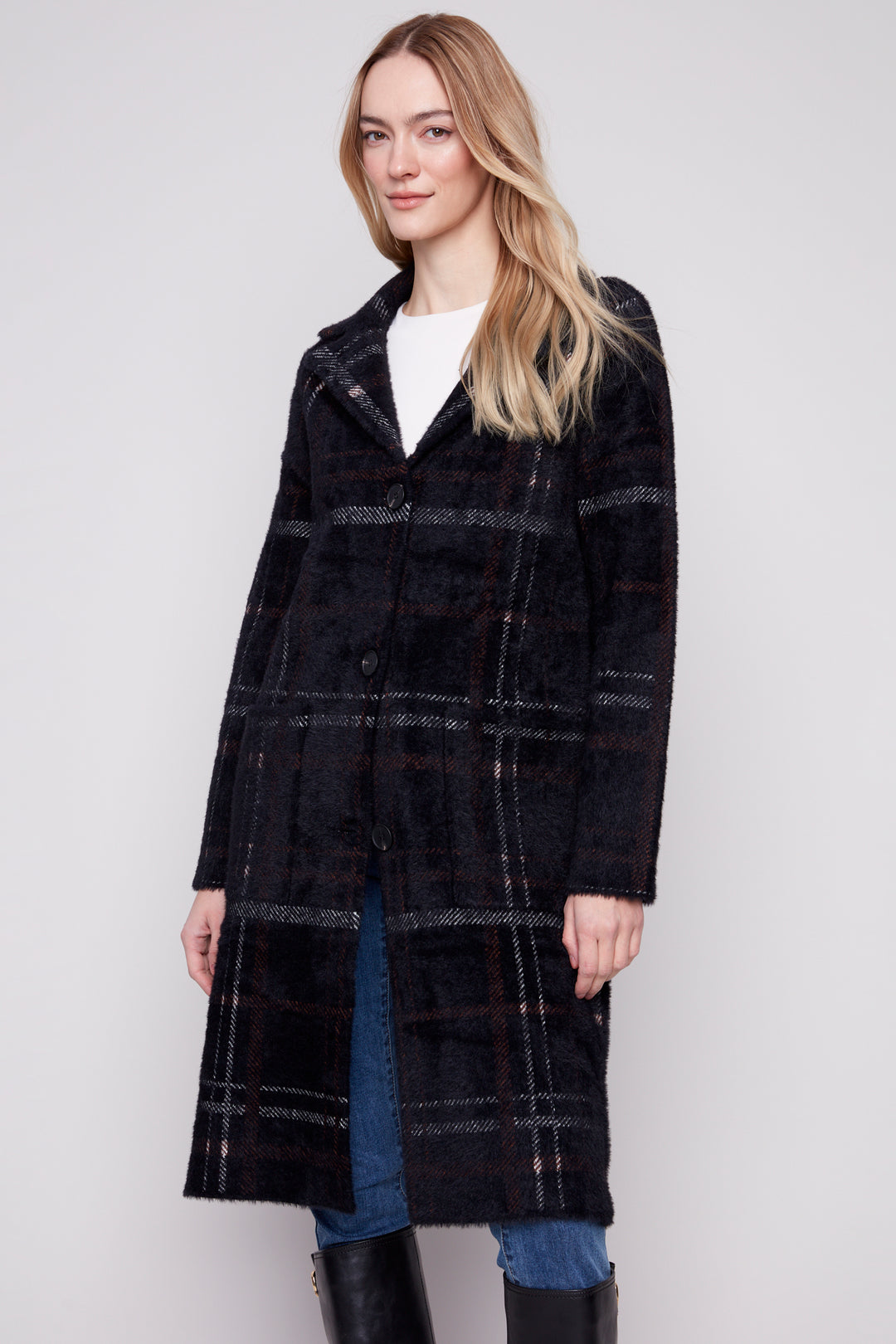 Charlie B Fall 2025 
 Its soft plaid knit and button-down front offer cozy warmth without overheating, making it ideal for cool days. 