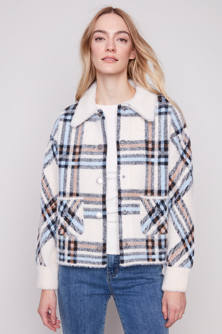 EYELASH YARN PLAID JACKET