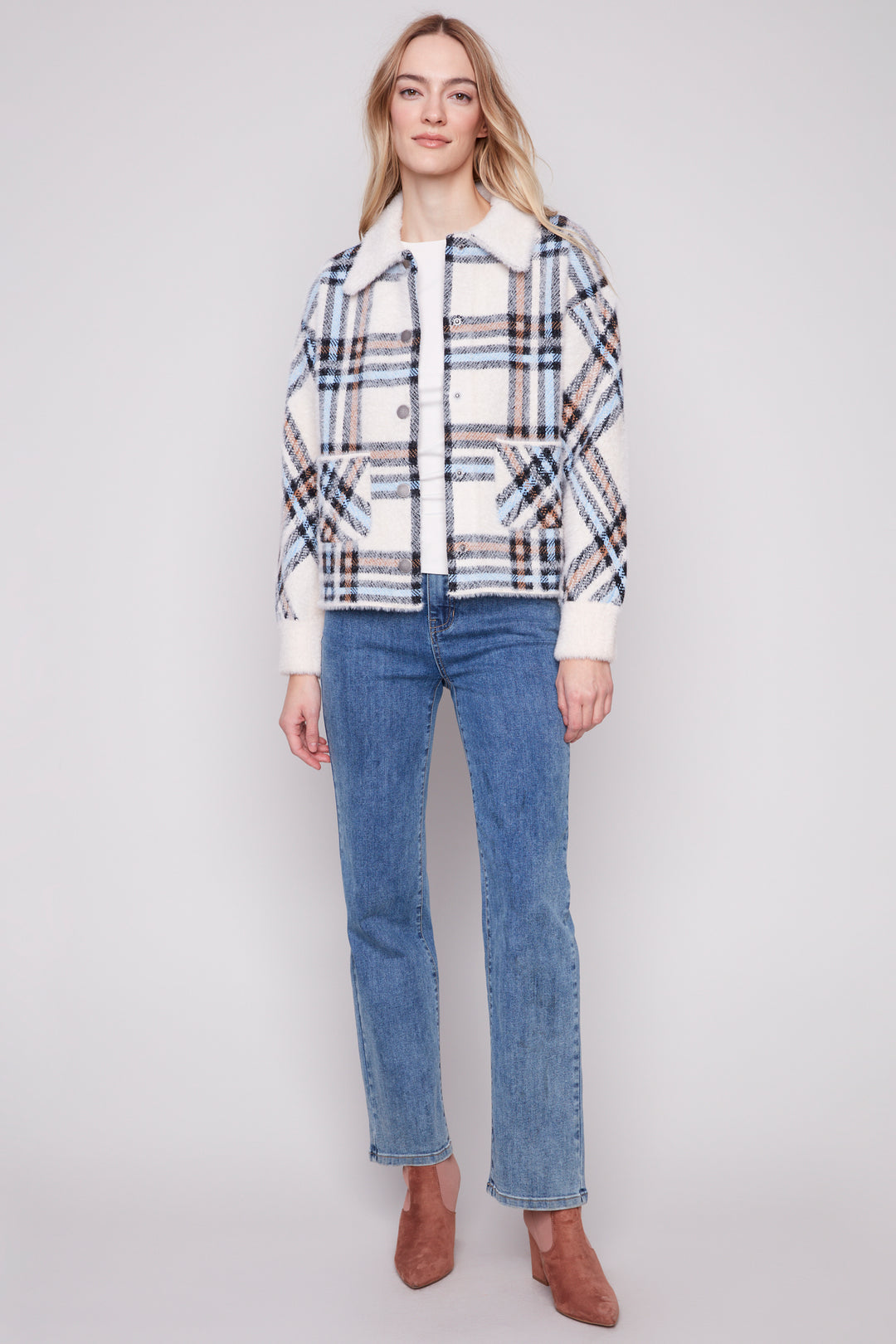 EYELASH YARN PLAID JACKET