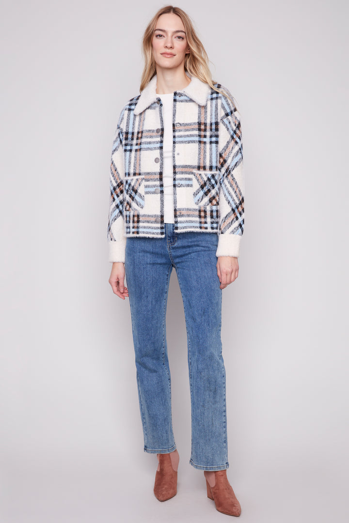 EYELASH YARN PLAID JACKET