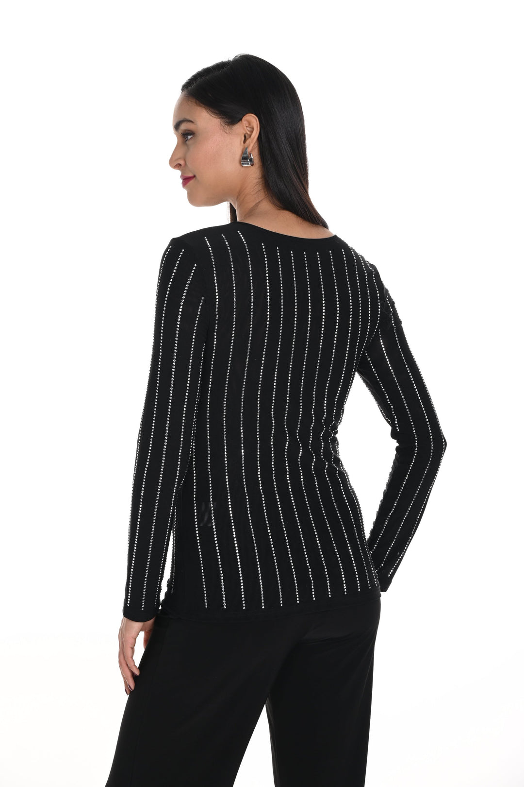 BLACK SILVER RHINESTONE STRIPE LS TOP