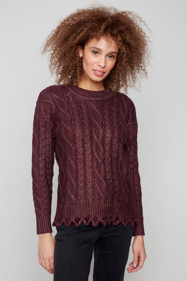 FOILED CABLE KNIT LS TOP