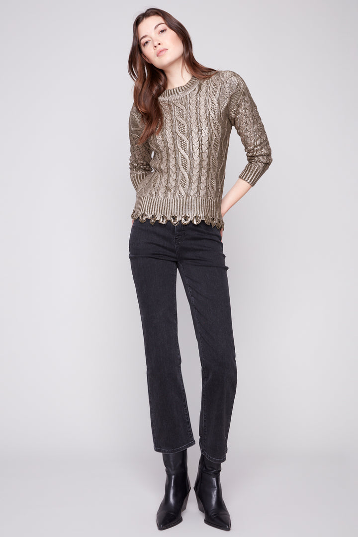 FOILED CABLE KNIT LS TOP