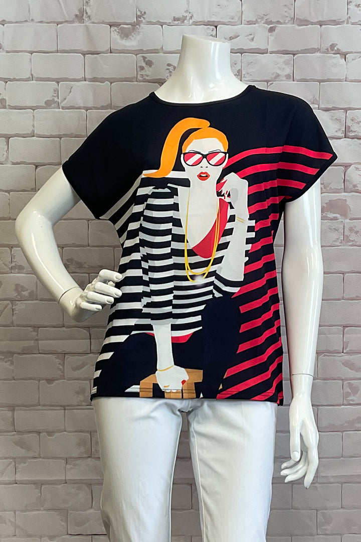 Ness Spring 2025 The round neckline and short sleeves make it easy and comfortable to wear, while the girl with sunglasses print on the front adds a touch of fun and playfulness to any outfit.