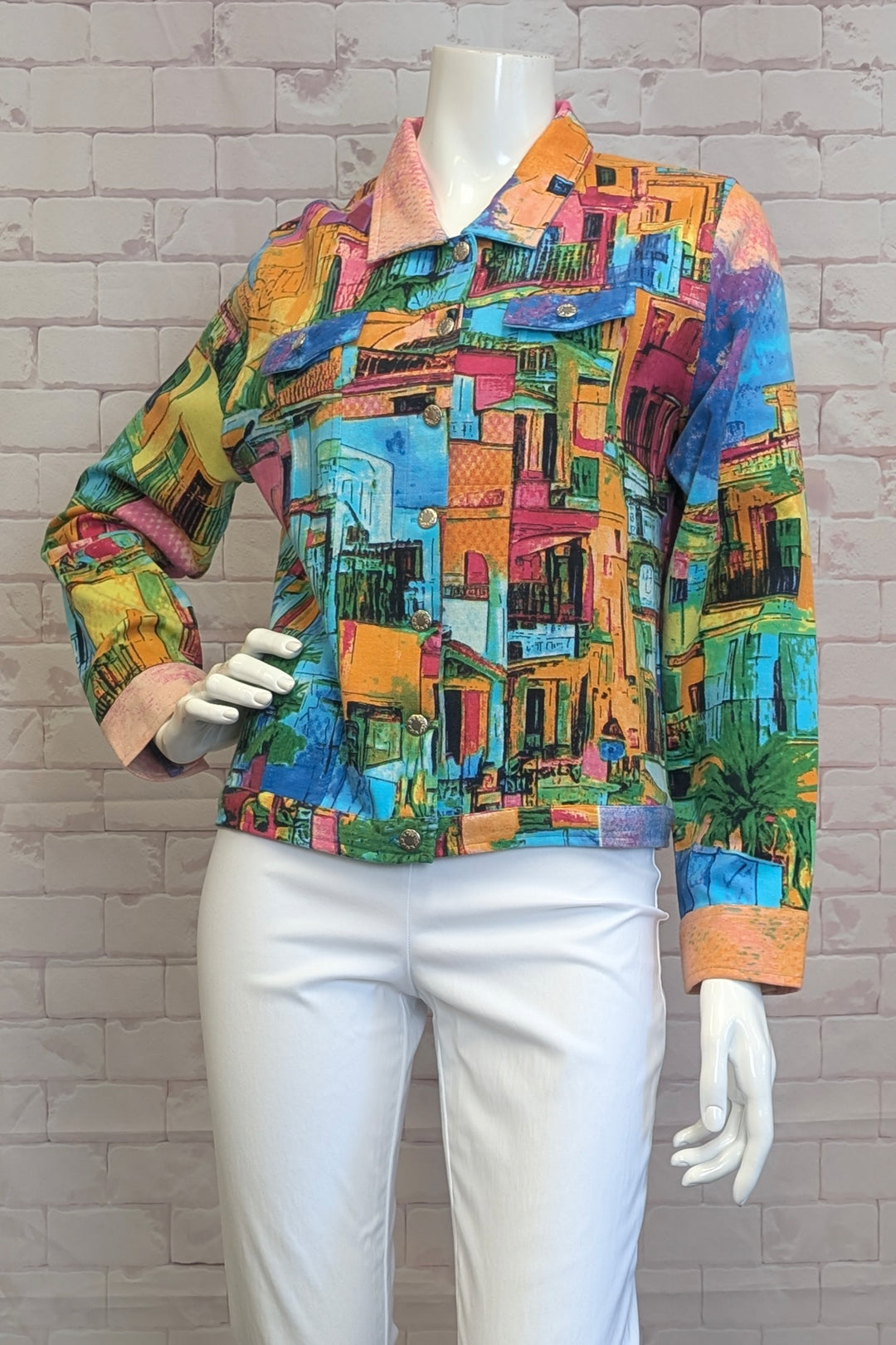 ORIENTIQUE Spring 2025  Made from an organic cotton blend, this jacket features a classic jean jacket design with a soft and stretchy feel. Stand out with the neat Havana street print all-over and a pop of so much colour! 