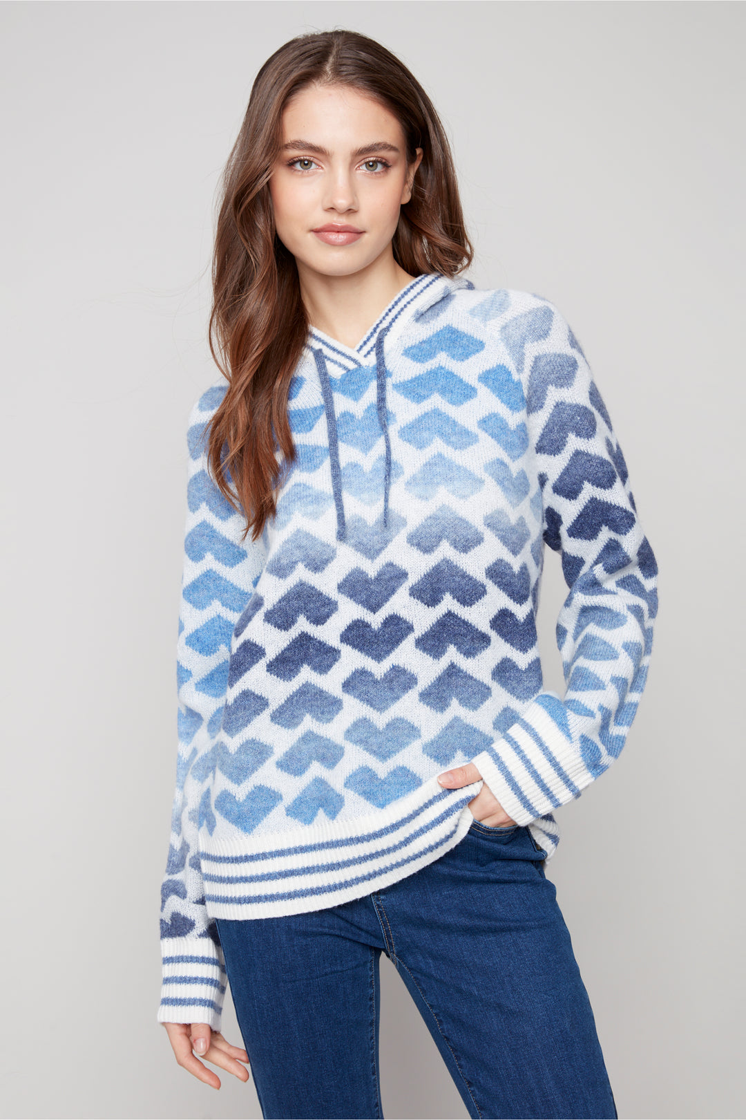 Charlie B Fall 2025 
This Heart Print Hoodie Top is a neat addition to your fall wardrobe! Featuring a hood with drawstring and a cute hearts print design, it is sophisticated, cute and stylish, making it an on-trend piece this season. 