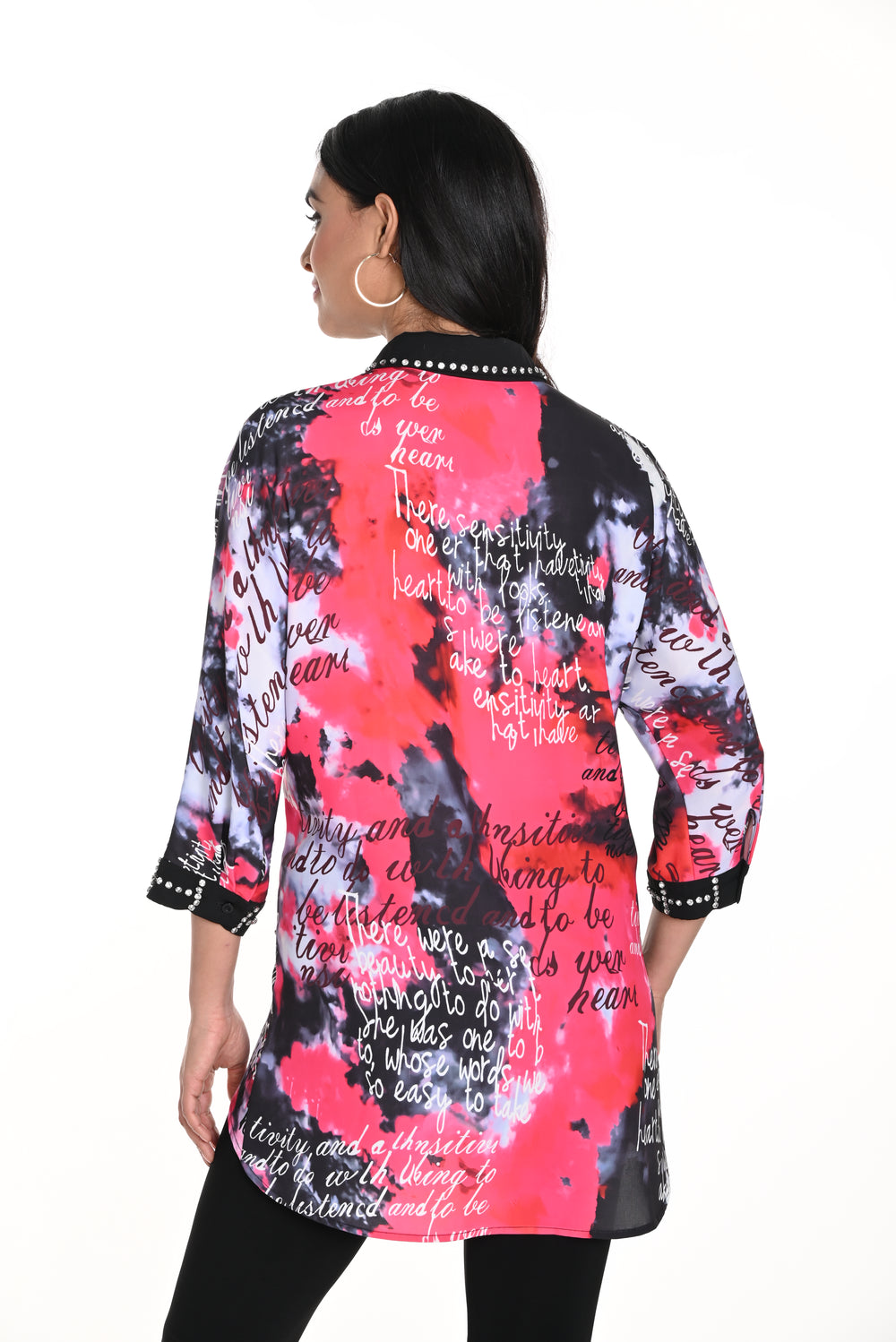 Frank Lyman Fall 2024 women's casual high-low blouse with tie-dye and word print - Back