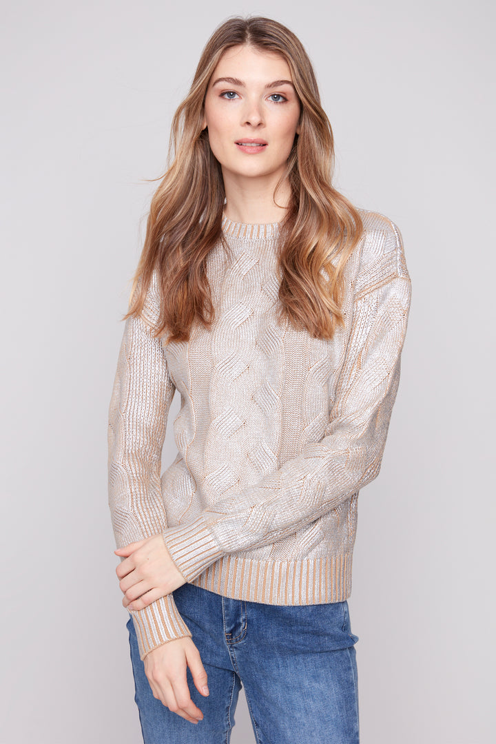 METALLIC CABLE KNIT LS TOP