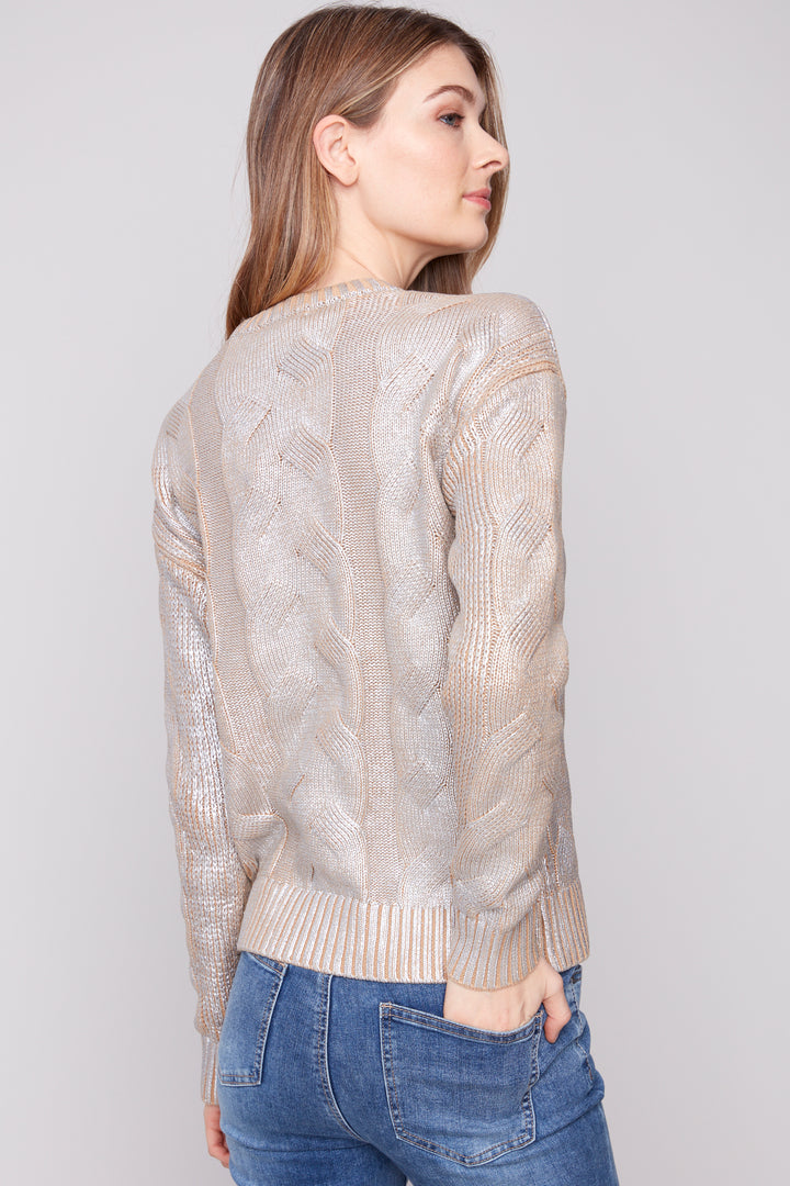 METALLIC CABLE KNIT LS TOP
