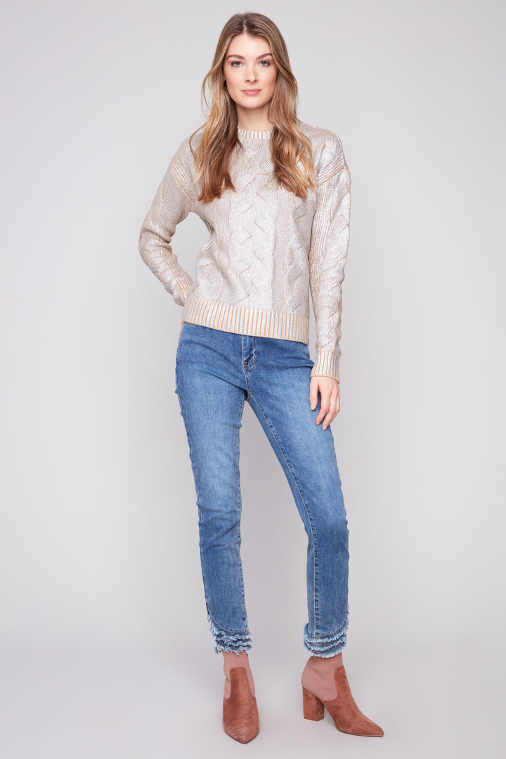 METALLIC CABLE KNIT LS TOP