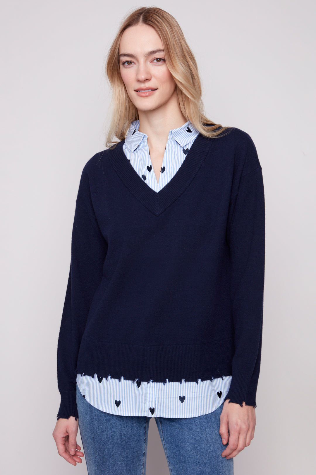 NAVY FOOLER SWEATER WITH SHIRT COLLAR
