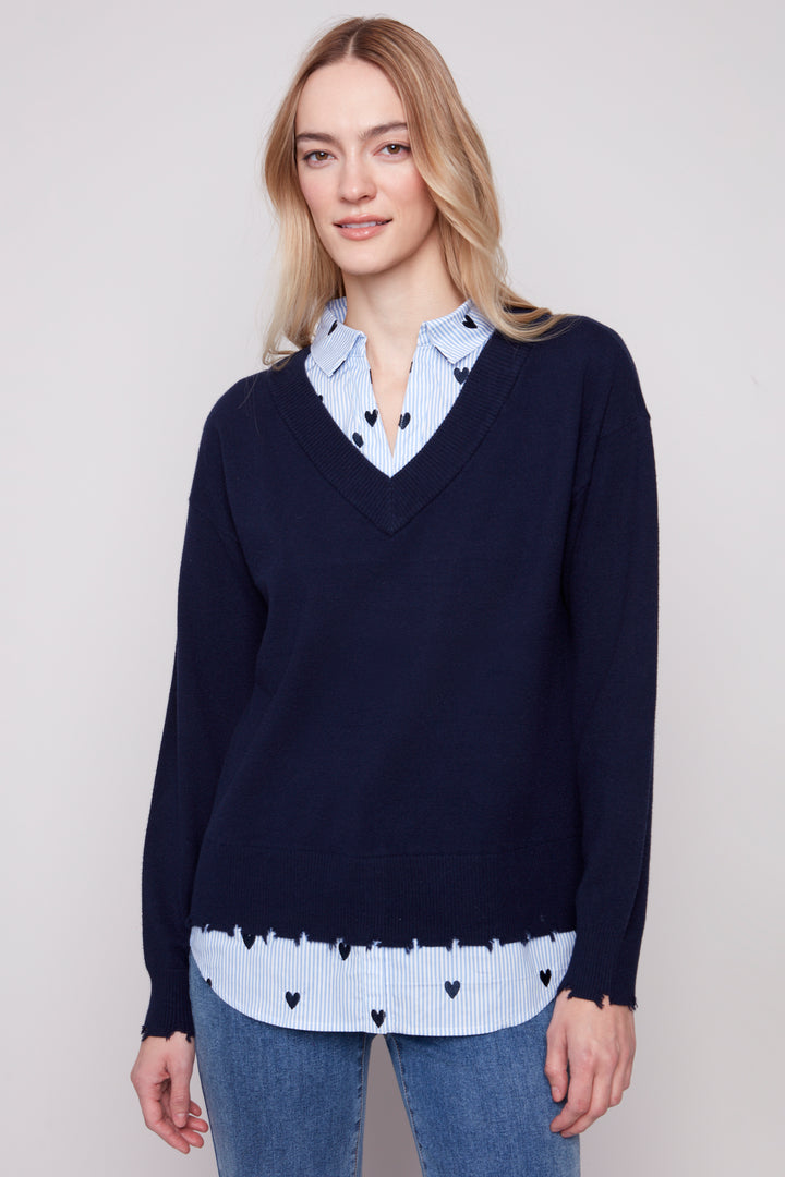 NAVY FOOLER SWEATER WITH SHIRT COLLAR