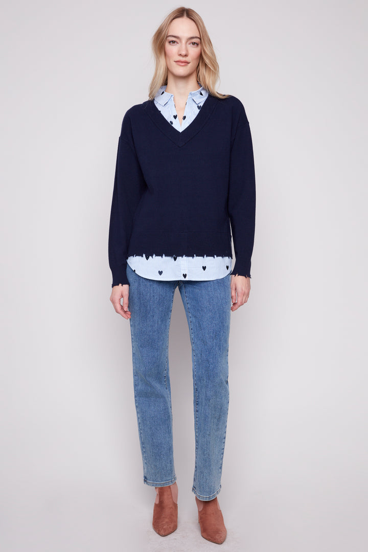 NAVY FOOLER SWEATER WITH SHIRT COLLAR