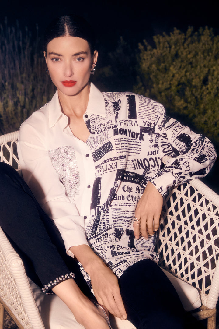 FRANK LYMAN Spring 2025 This button-down blouse boasts a light and loose fit, perfect for any occasion. But what really sets it apart is the iconic newspaper graphic featuring none other than the diva herself!
