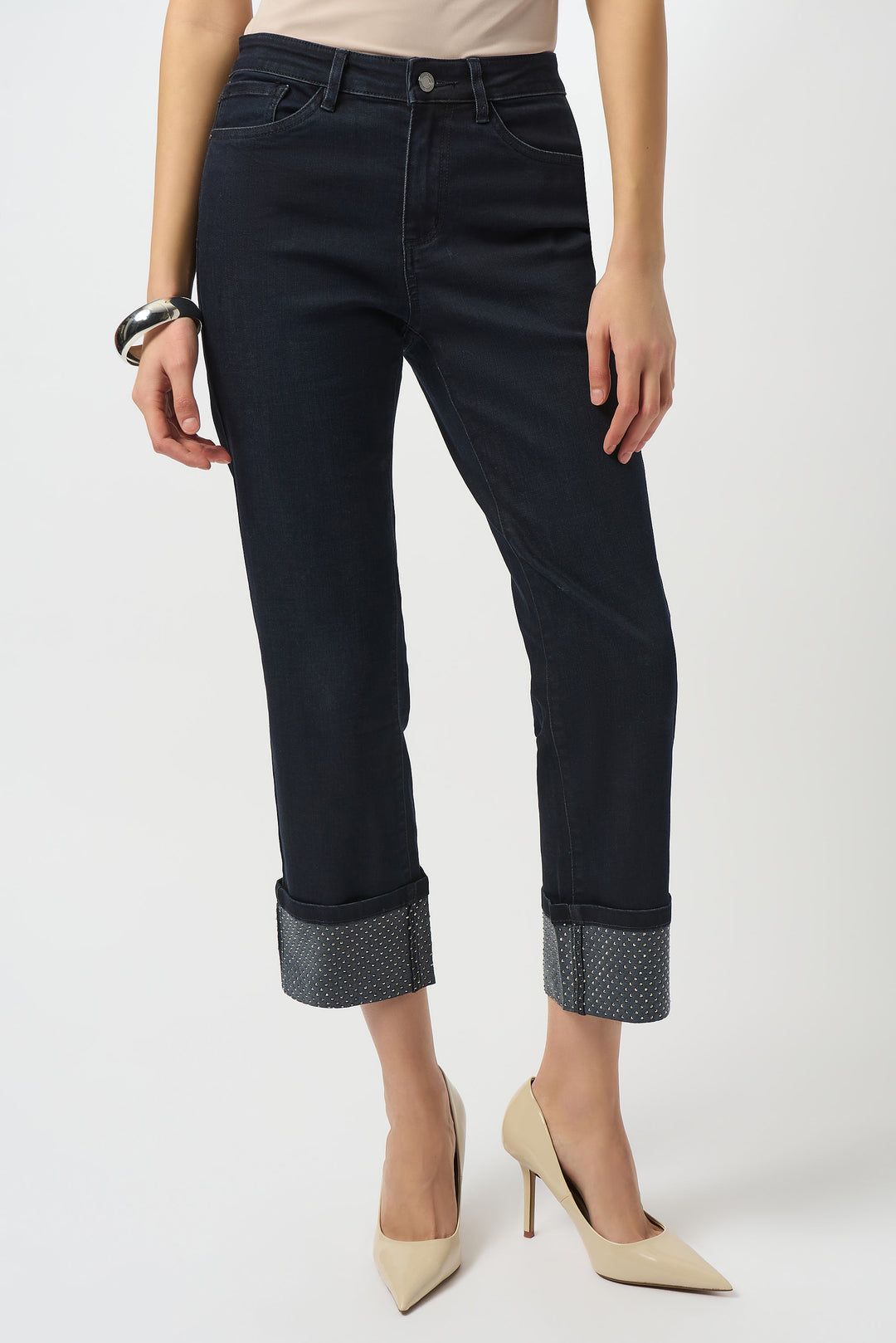 JOSEPH RIBKOFF Fall 2025 
They are a classic straight fit. The bling cuffed hems are what make these jeans standout from the crowd! The soft cotton-blend fabric creates a comfy silhouette that moves with you and is perfect for all-day wear this season. 