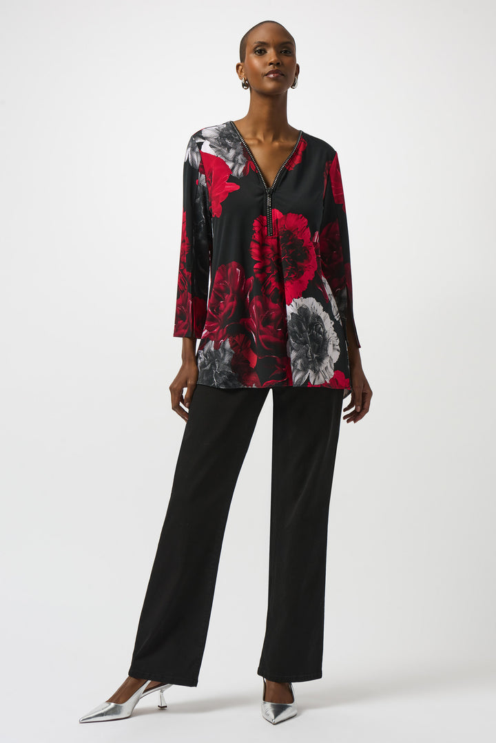 ROSE PRINT ZIP NECK TUNIC