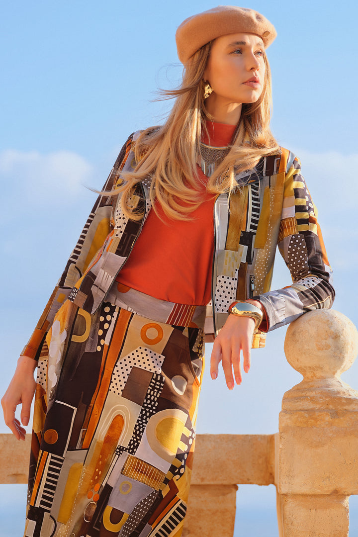 Dolcezza Fall 2024 This bold and stylish biker style jacket features a lapel collar, front zip-fastening and full length sleeves, all in an eye-catching all-over print.