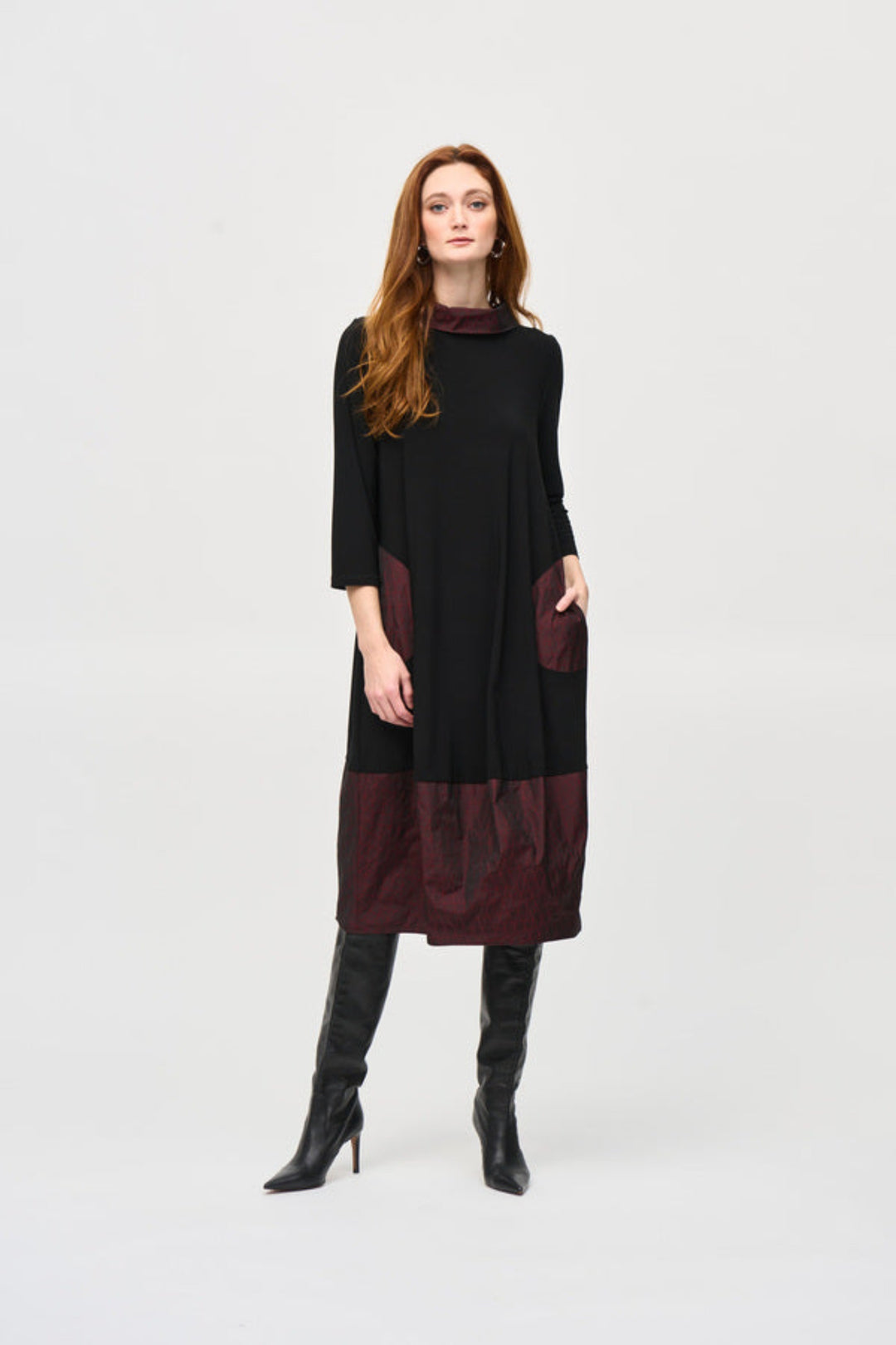 Joseph Ribkoff Fall 2024 Designed for the modern woman, this Cocoon Dress With Geo Memory features a midi length and cowl neck for a sophisticated look.