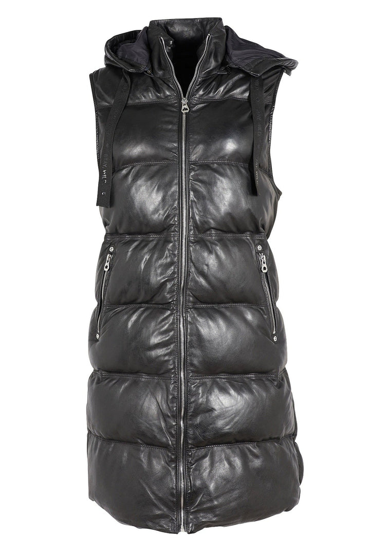 REAL LEATHER PUFFY HOODIE VEST