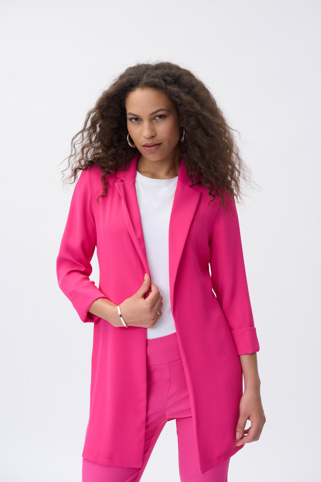 Joseph Ribkoff Fall 2023 women's business casual open front long basic blazer - dazzle pink front
