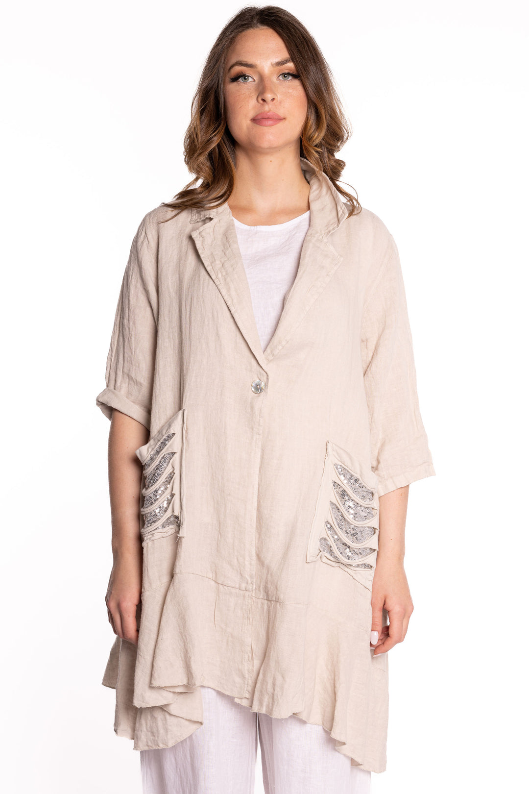 Etern Spring 2023 women's casual loose linen cardigan jacket with sequin pockets