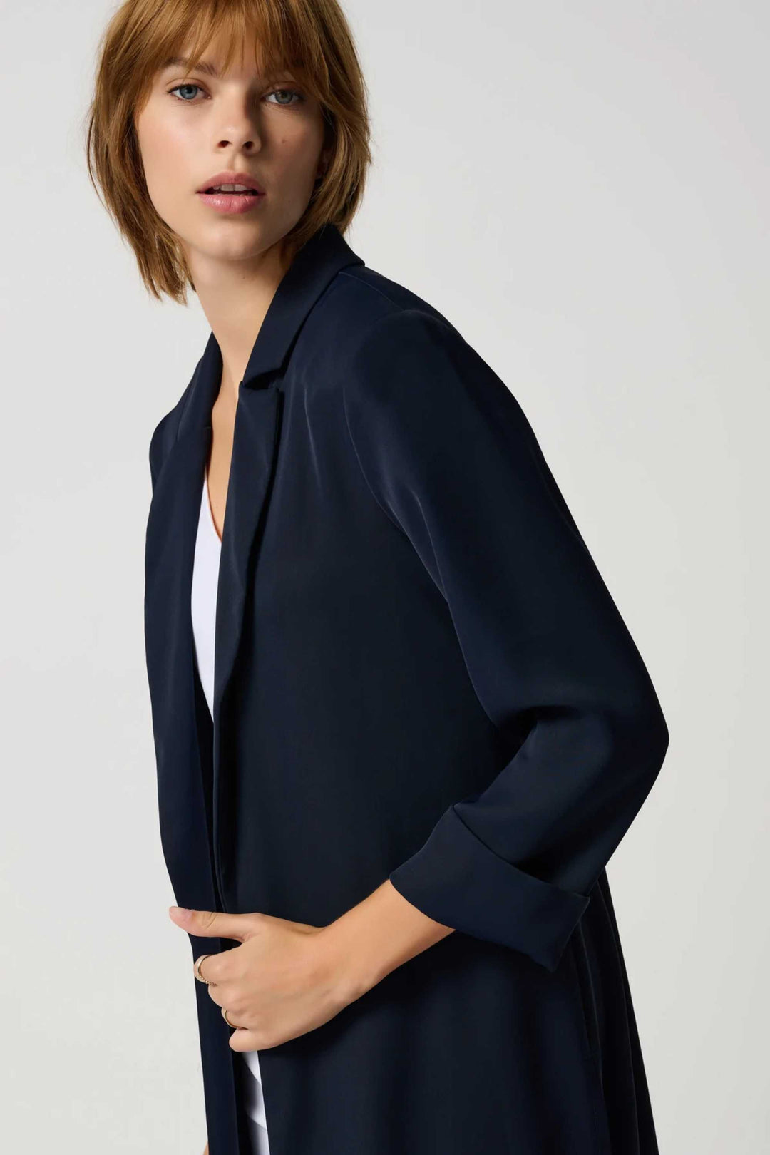 Joseph Ribkoff Fall 2023 women's business casual open front long basic blazer - midnight blue side